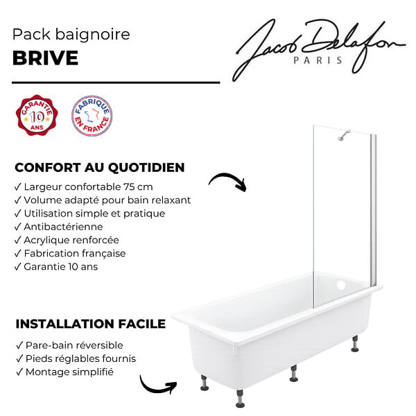 JACOB DELAFON - Pack baignoire droite 170 X 75 Brive + pare bain - large