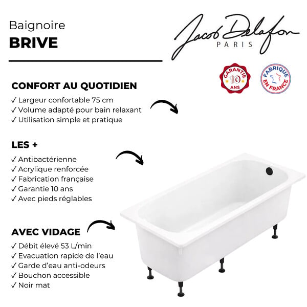 JACOB DELAFON - Baignoire droite 170 X 75 Brive avec vidage noir mat - large