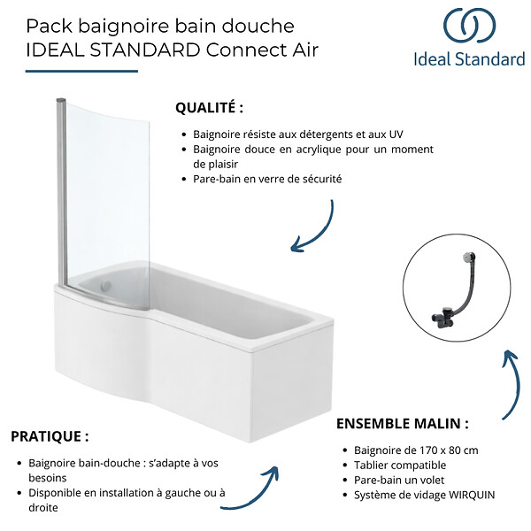 IDEAL STANDARD - Pack baignoire bain douche 170 x 80 cm droite Connect Air + tablier + pare bain fixe + vidage Blanc - large