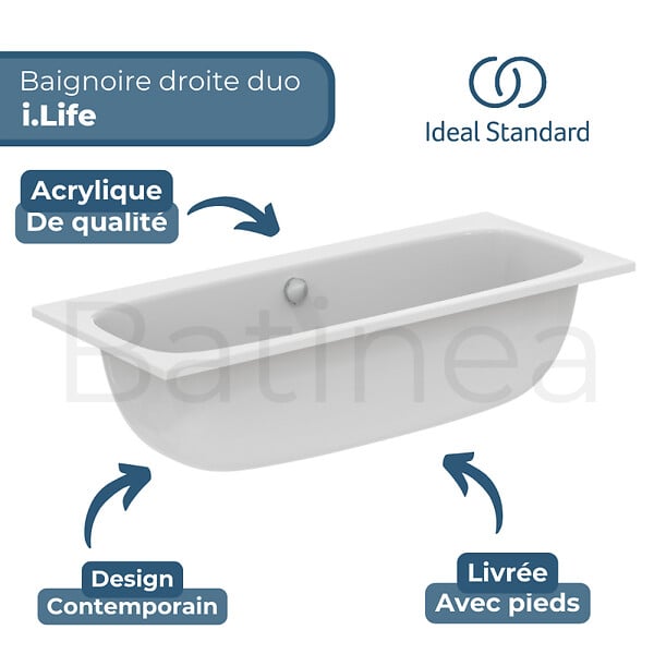 IDEAL STANDARD - Baignoire droite 190 x 90 i.life Duo - large