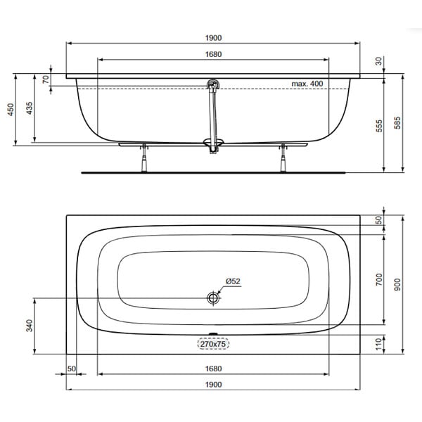 IDEAL STANDARD - Baignoire droite 190 x 90 i.life Duo - large