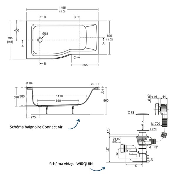 IDEAL STANDARD - Baignoire bain douche 150 x 80 cm gauche Connect Air + vidage Noir mat - large