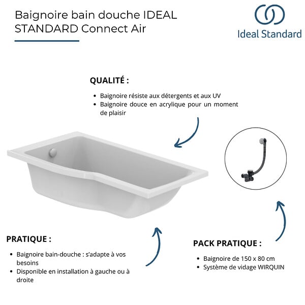 IDEAL STANDARD - Baignoire bain douche 150 x 80 cm droite Connect Air + vidage Doré - large