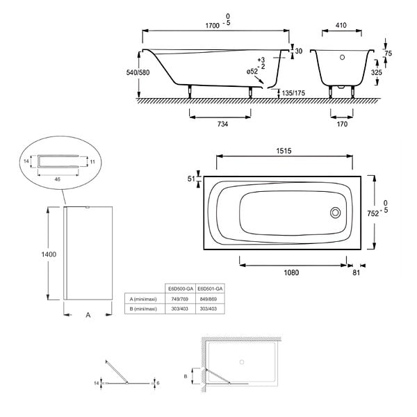 JACOB DELAFON - Pack baignoire droite 170 X 75 Brive + pare bain avec vidage blanc - large
