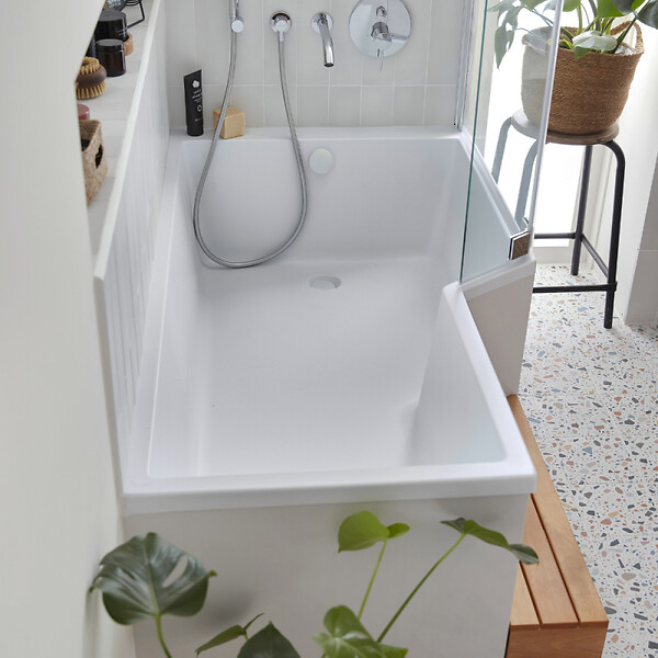 JACOB DELAFON - Pack baignoire bain douche antidérapante 150 x 80 Neo version droite + pare bain chromé + tablier en niche - large