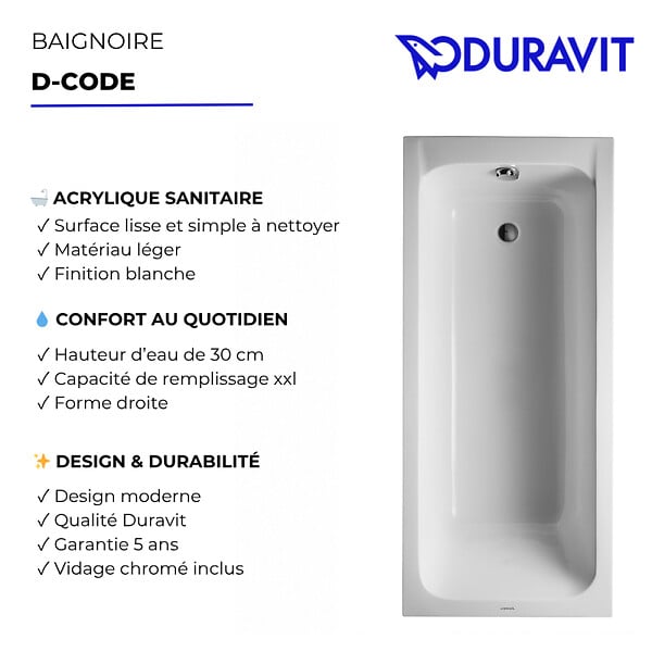 DURAVIT - Baignoire droite 160 X 70 D-Code acrylique + vidage chromé - large