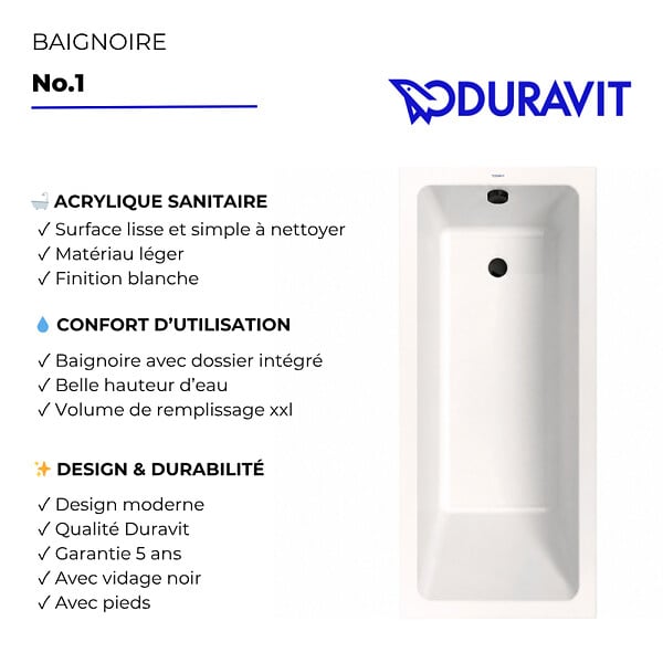 DURAVIT - Baignoire droite 180 X 80 Duravit No.1 + vidage noir mat - large