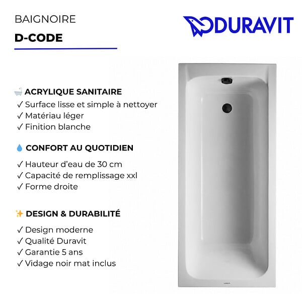 DURAVIT - Baignoire droite 160 X 70 D-Code acrylique + vidage noir mat - large
