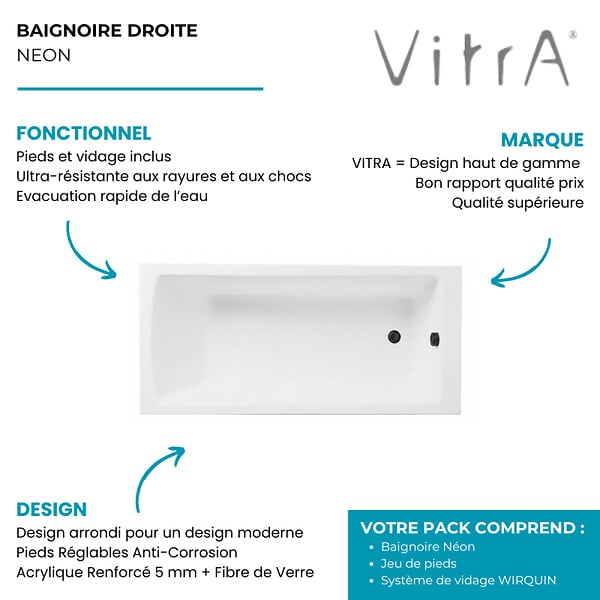 VITRA - Baignoire droite rectangulaire 170x75cm avec pieds Neon blanc + Vidage volet et clapet Noir mat/Black Touch - large
