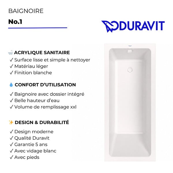 DURAVIT - Baignoire droite 150 X 70 Duravit No.1 + vidage blanc - large