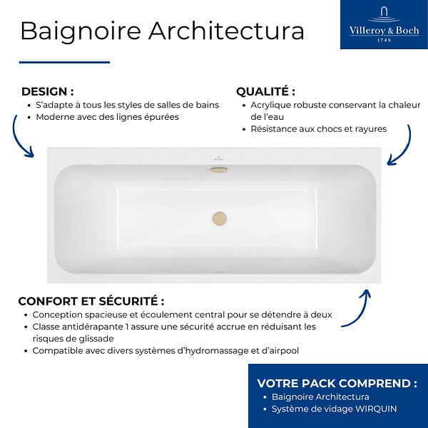 VILLEROY ET BOCH - Baignoire droite 180 x 80 Architectura + Vidage de baignoire doré - large