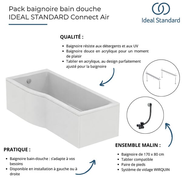 IDEAL STANDARD - Baignoire bain douche 170 x 80 cm gauche Connect Air + tablier + pieds + vidage Chromé - large