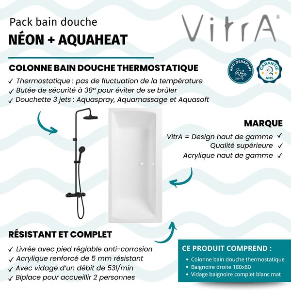 VITRA - Baignoire droite 180x80cm avec pieds Neon blanc  + Vidage blanc + Colonne bain thermostatique douche noir mat - large