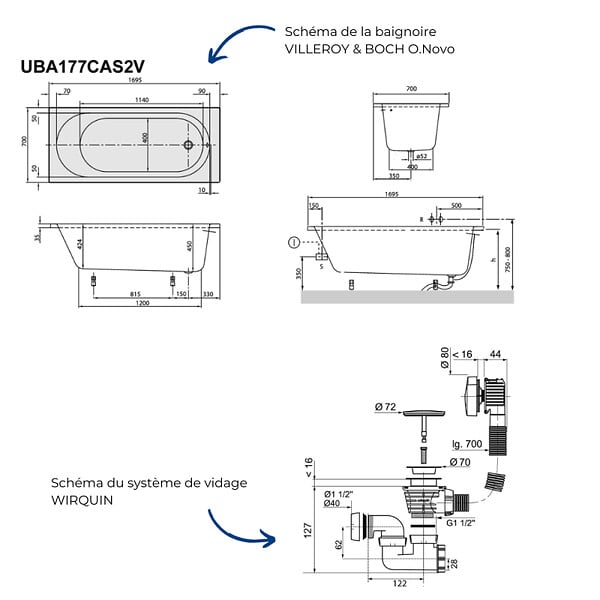 VILLEROY ET BOCH - Baignoire droite 170 x 70  O.Novo + Vidage de baignoire blanc - large
