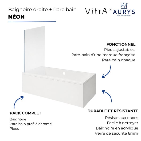 VITRA - Baignoire rectangulaire VitrA Neon 180x80cm + Pare bain droit AURYS Mist 1 chromé profilé droite + vidage chromé - large