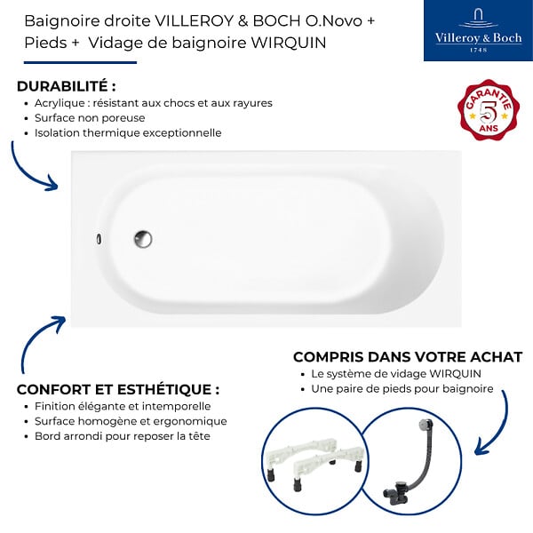 VILLEROY ET BOCH - Baignoire droite 170 x 75 O.Novo + Pieds + Vidage chromé - large