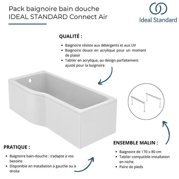 IDEAL STANDARD - Baignoire bain douche 170 x 80 cm gauche Connect Air + tablier + pieds - large