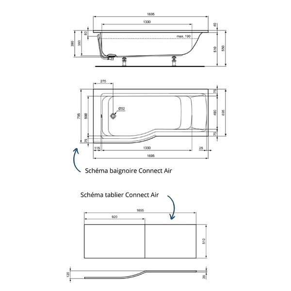IDEAL STANDARD - Baignoire bain douche 170 x 80 cm gauche Connect Air + tablier + pieds - large