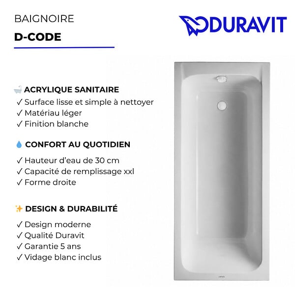 DURAVIT - Baignoire droite 160 X 70 D-Code acrylique + vidage blanc - large