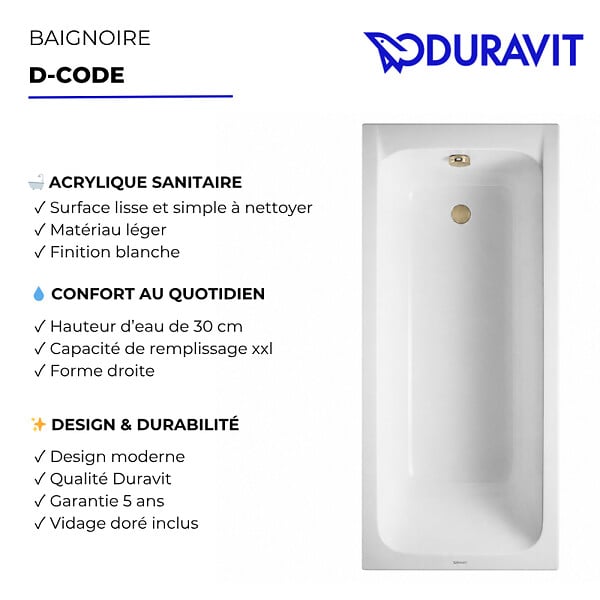 DURAVIT - Baignoire droite D-Code - large
