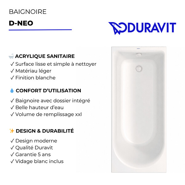 DURAVIT - Baignoire droite 160 X 70 D-Neo + vidage blanc - large
