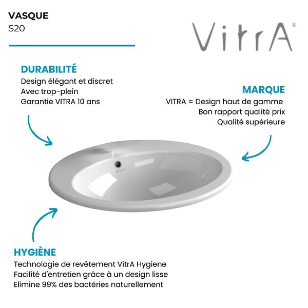 VITRA - Vasque à encastrer par le dessus VitrA S20 avec trou robinetterie - large