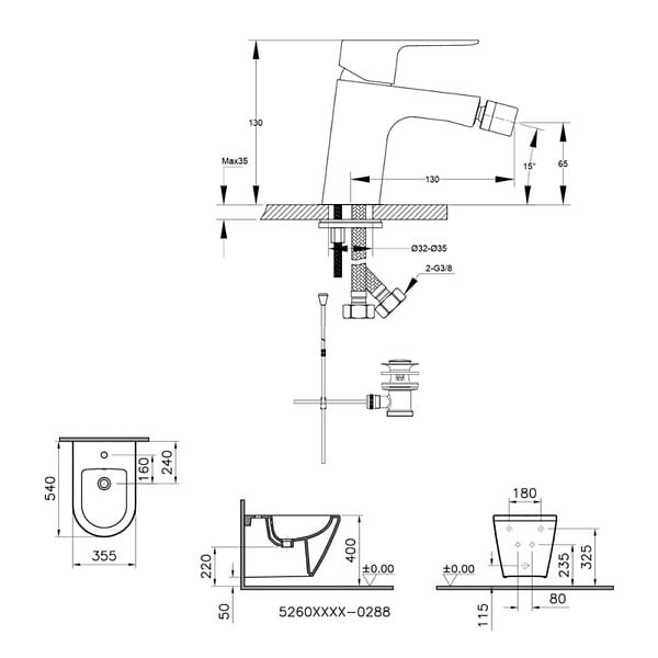 VITRA - Vitra Integra bidet suspendu 35,5x54 cm + trop-plein + Optima Cube Way by Siko Mitigeur bidet (7042-0288CU235) - large