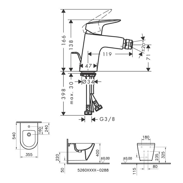 VITRA - Vitra Integra bidet suspendu + trop-plein, 35,5x54 cm + Hansgrohe Logis 70 Mitigeur bidet (7042-028871204000) - large