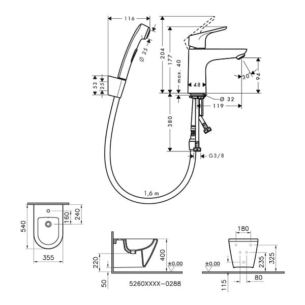 VITRA - Vitra Integra bidet suspendu + trop-plein, 35,5x54 cm + Hansgrohe Focus Set bidette, bonde Push-Open (7042-028831927000) - large