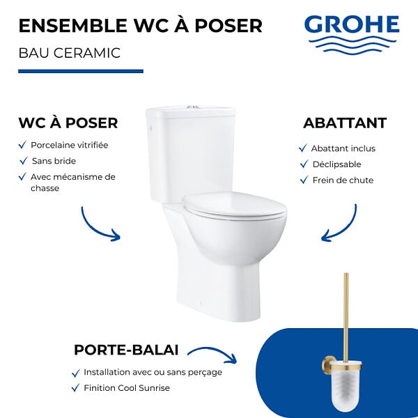 GROHE - WC à poser sans bride + Abattant frein de chute déclipsable + Porte-balai WC Cool Sunrise - large