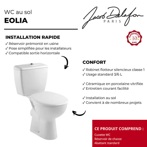 JACOB DELAFON - WC à poser sortie horizontale Eolia avec abattant - large