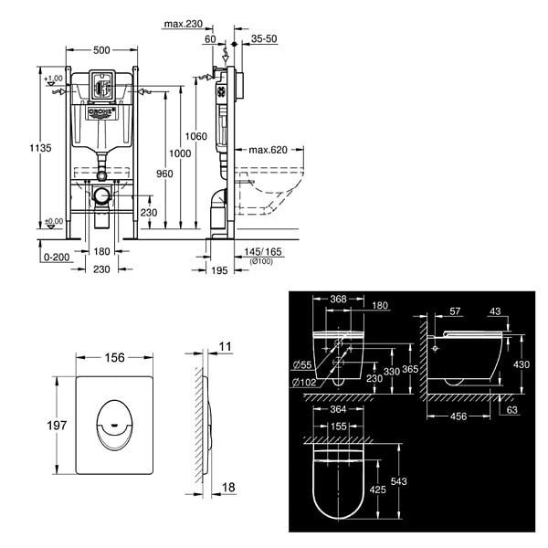 GROHE - Rapid SL pack WC bâti-support autoportant + WC suspendu sans bride Grohe avec abattant SoftClose + plaque (GRRGRSTWR02-FR) - large