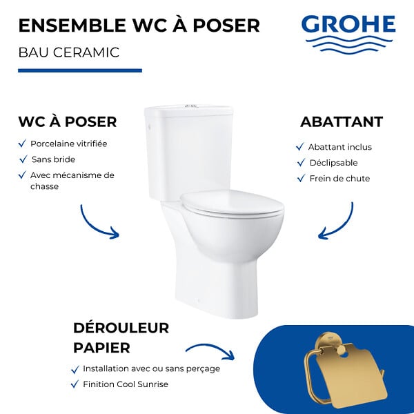 GROHE - WC à poser sans bride + Abattant frein de chute déclipsable + Dérouleur papier mural Cool Sunrise - large