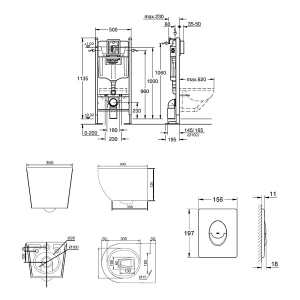 GROHE - Rapid SL pack WC bâti autoportant + WC suspendu sans bride Ceramia PixL avec abattant SoftClose + plaque (GRRCEPXWMT01FR-FS) - large
