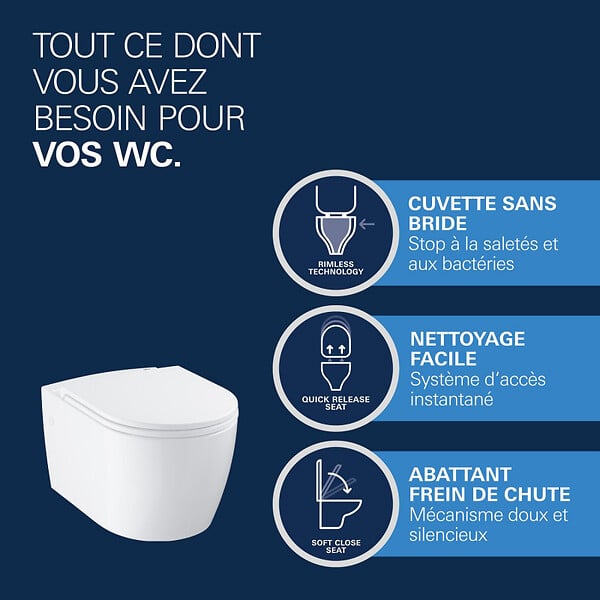 GROHE - Rapid SL pack WC bâti-support + WC suspendu sans bride Grohe avec abattant SoftClose + plaque (GRRGRSTWR01FR-FS) - large