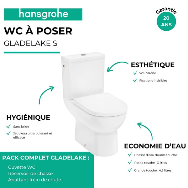 HANSGROHE - WC à poser sans bride sortie horizontale GladeLake S avec abattant frein de chute - large