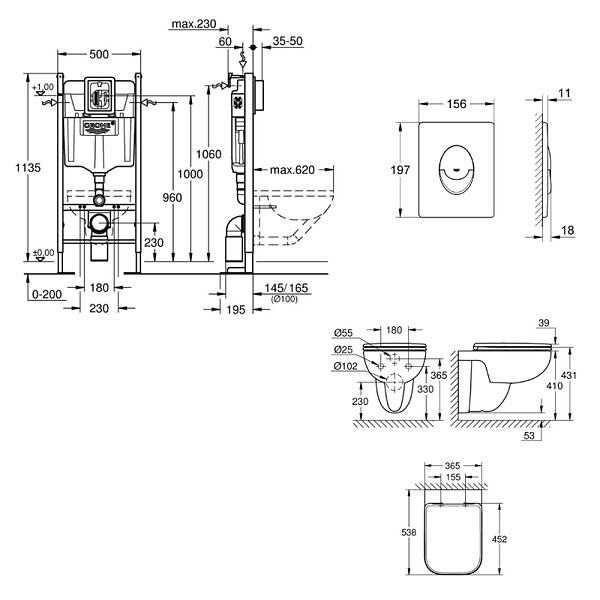 GROHE - Rapid SL Project pack WC bâti autoportant + WC suspendu sans bride Grohe avec abattant SoftClose + plaque (GRRGRSEWR01FR-FS) - large