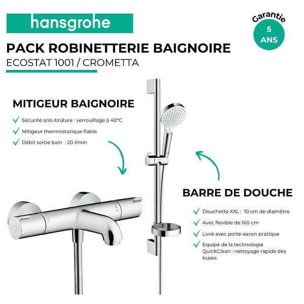 HANSGROHE - Pack mitigeur baignoire thermostatique Ecostat 1001 CL chromé + Ensemble de douche Crometta 2 jets blanc/chromé - large