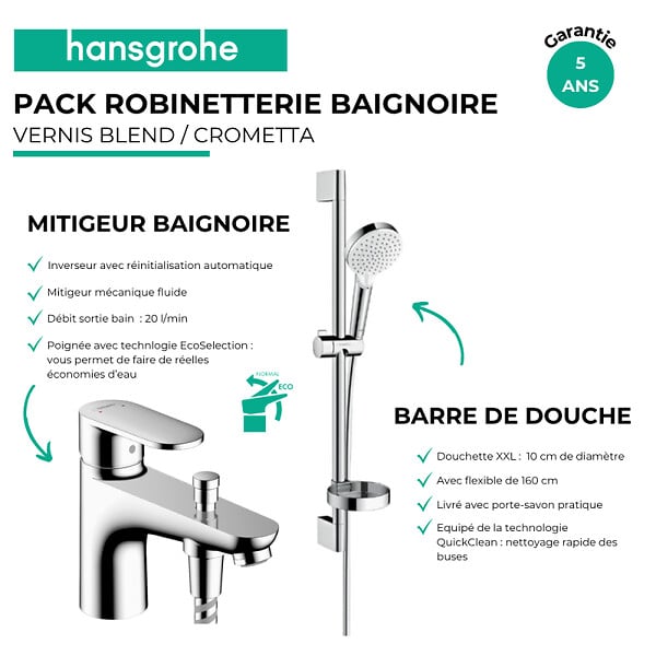 HANSGROHE - Pack mitigeur baignoire mécanique Vernis Blend C2 chromé + Ensemble de douche Crometta 2 jets blanc/chromé - large