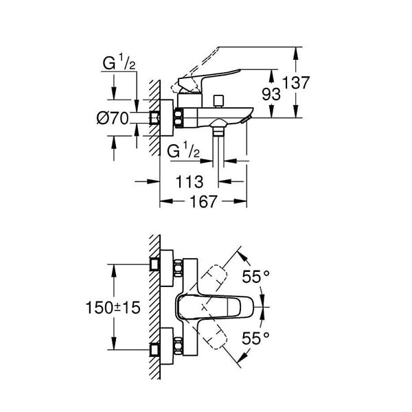 GROHE - Dice mitigeur monocommande bain/douche mural à levier 150 mm, sans ensemble de douche, noir mat (1018722430) - large