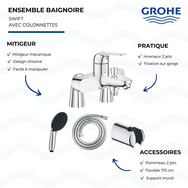GROHE - Mitigeur baignoire mécanique Swift avec colonnettes Idro'Flex + Douchette 2 jets Start + Flexible + Support - large