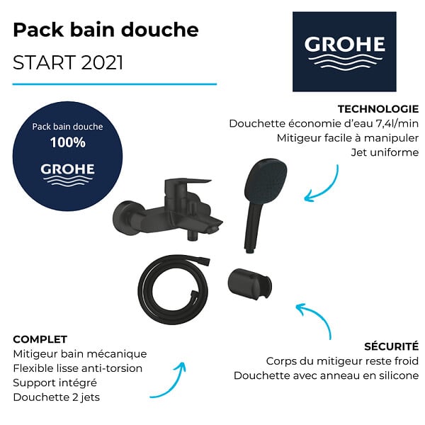GROHE - Mitigeur bain douche mécanique Start 2021 noir mat + Douchette 2 jets Vitalio Comfort 110 avec flexible et support - large