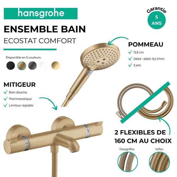 HANSGROHE - Pack mitigeur bain douche thermostatique Ecostat Comfort + Flexible Designflex + Pommeau Raindance Select 3jets bronze - large