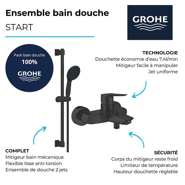 GROHE - Mitigeur bain douche mécanique Start 2021 Noir mat + Ensemble de douche 2 jets avec barre Vitalio Start 110 - large