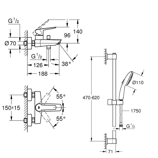 GROHE - Mitigeur bain douche mécanique Start 2021 Noir mat + Ensemble de douche 2 jets avec barre Vitalio Start 110 - large