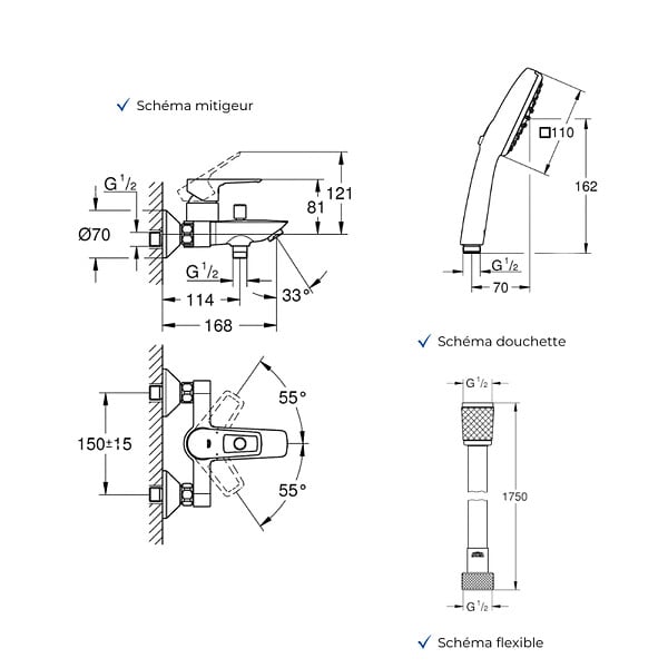 GROHE - Mitigeur baignoire mécanique Start Loop avec colonnettes Idro'Flex + Douchette 2 jets Comfort + Flexible - large