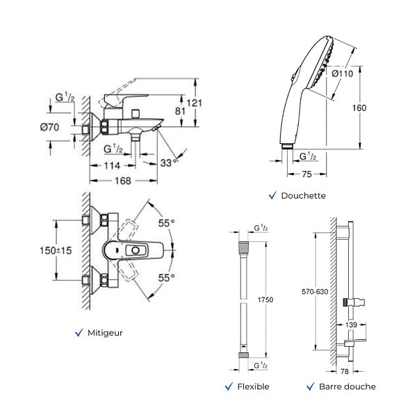 GROHE - Pack mitigeur BD mécanique Start Loop + Douchette Vitalio Start 110 + Barre Quickflix Vitalio Smartactive + Flexible - large