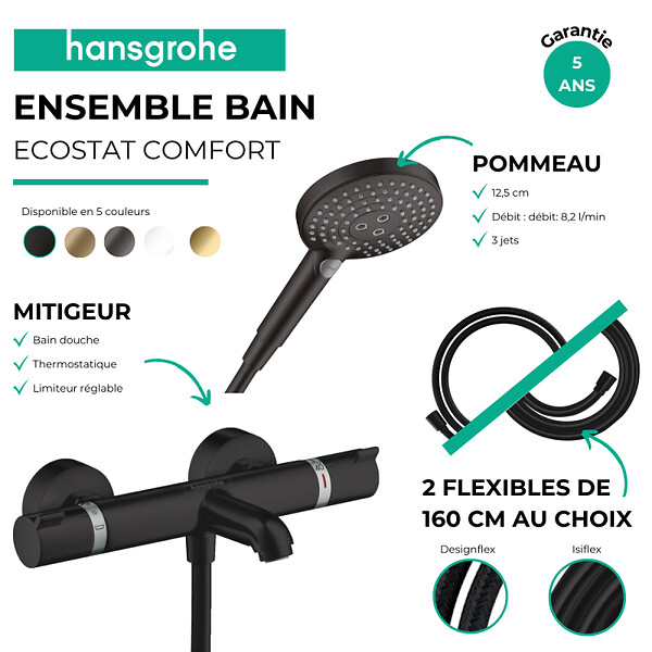 HANSGROHE - Pack mitigeur bain douche thermostatique Ecostat Comfort + Flexible Isiflex + Pommeau Raindance Select 3jets noir mat - large