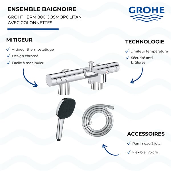 GROHE - Mitigeur baignoire thermostatique Grohtherm 800 Cosmopolitan 1/2 avec colonnettes Idro'Flex + Douchette 2 jets Comfort + Flexible - large