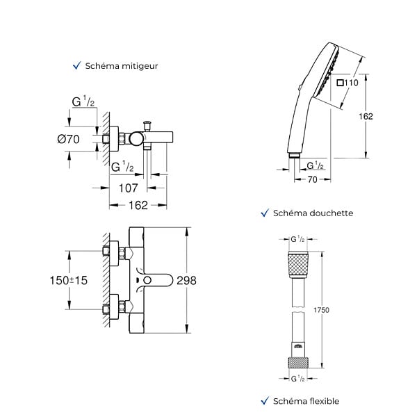 GROHE - Mitigeur baignoire thermostatique Grohtherm 800 Cosmopolitan 1/2 avec colonnettes Idro'Flex + Douchette 2 jets Comfort + Flexible - large